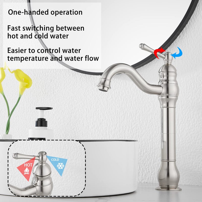 GGStudy 360Â° Swivel Single Handle One Hole Bathroom Vessel Sink Faucet Matching Pop Up Drain Without Overflow Brushed Nickel - Image 5